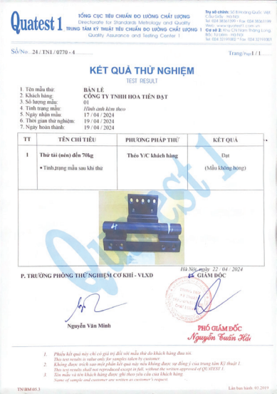 Giấy chứng nhận Kết quả thử nghiệm Bản lề