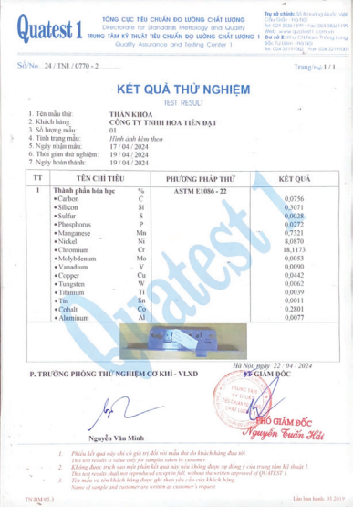 Giấy chứng nhận Kết quả thử nghiệm Thân khóa