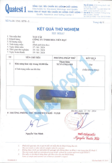 Giấy chứng nhận Kết quả thử nghiệm Tay cài