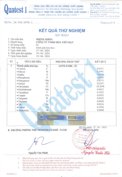 Giấy chứng nhận Kết quả thử nghiệm Miệng khóa