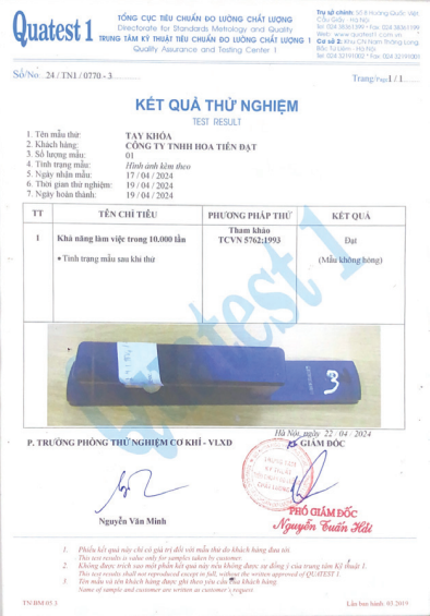 Giấy chứng nhận Kết quả thử nghiệm Tay khóa